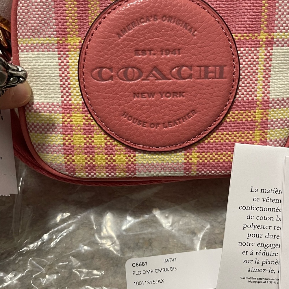 NWT Coach Mini Dempsey Camera Bag With Garden Plaid Print & Patch In Gold/Taffy - Picture 7 of 13